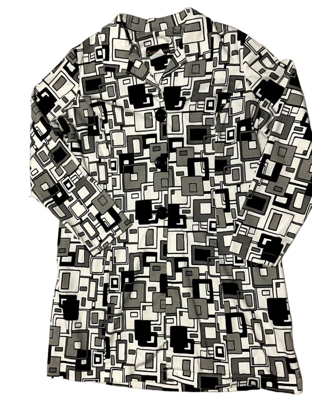 Vtg Cactus Flower Geometric Pattern Jacket Size M Black White USA Made Womens